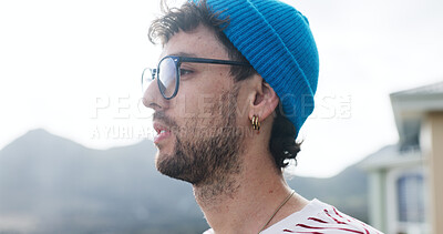 Buy stock photo Thinking, outdoor and man view sunrise for inspiration, morning reflection or holiday perspective. Calm observation, weekend travel or person with glasses for insight, vacation or ideas with space