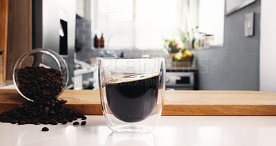 Buy stock photo Coffee, glass and morning in kitchen for beans, drink or roast in home. Organic brew, strong caffeine and blend with countertop for mocha, espresso or liquid beverage in house for preparation