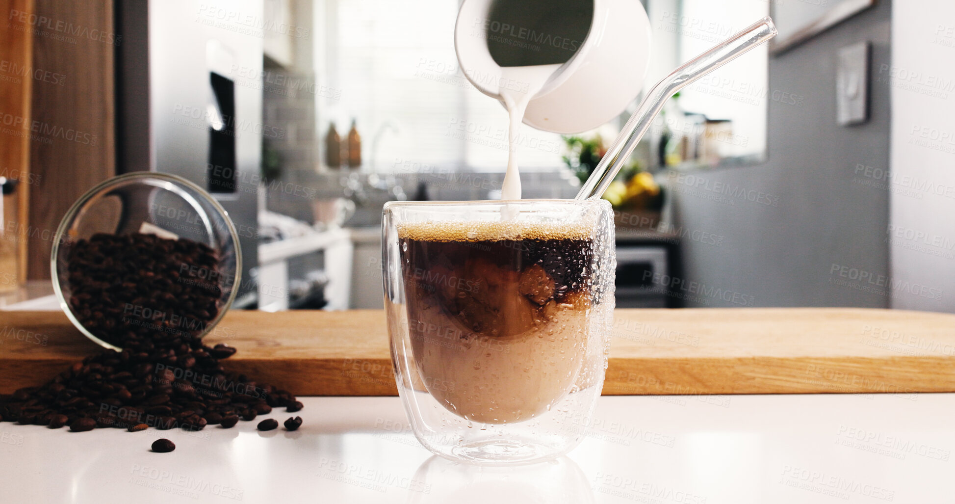 Buy stock photo Coffee, glass and morning in kitchen for milk, drink or roast in home. Organic brew, strong caffeine and blend with apartment for mocha liquid, espresso or beverage process in house for preparation