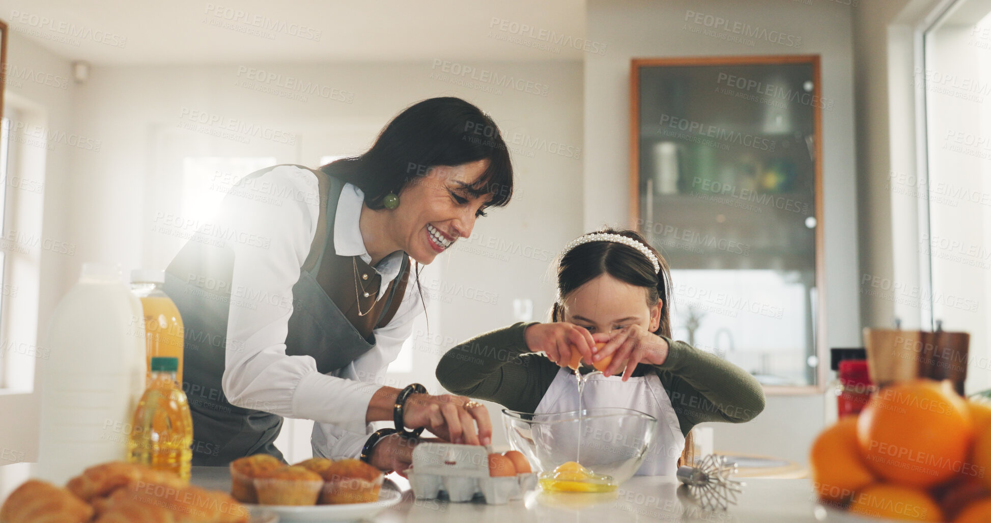 Buy stock photo Baking, egg and mother in kitchen with daughter for development. ingredients or recipe learning. Cooking, how to and single parent woman teaching girl child in apartment for culinary baker skills