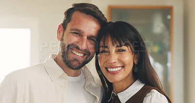 Buy stock photo Happy couple, portrait and love with partner in home for bonding, relationship or weekend together. Man, woman or smile with hug, embrace or care for support, trust or romantic commitment in house