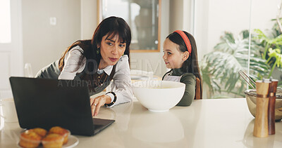 Buy stock photo Mother, child or baking in kitchen with laptop for instructions, conversation or bonding together. Daughter, baker or parent teaching with computer, muffin recipe discussion or browse website in home