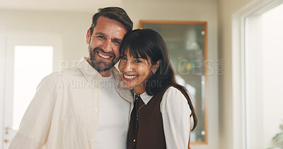 Buy stock photo Smile, love and portrait of couple in home for connection, support and bonding. Marriage partner, happiness and commitment with man and woman in apartment for relationship, hug and trust together