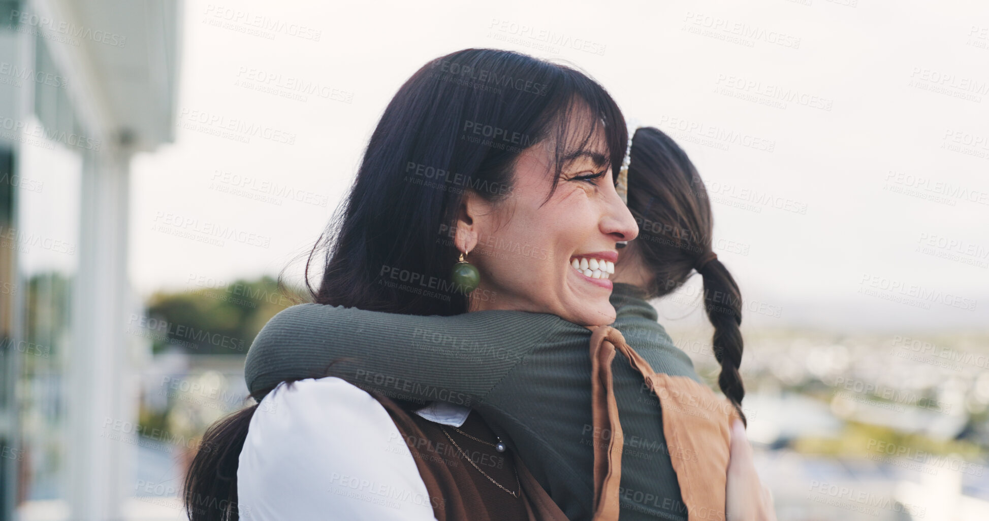 Buy stock photo Mother, hug and child with smile outdoor for love, affection and bonding together with support. Happy, woman and embrace with girl kid for connection, family relationship and childhood development