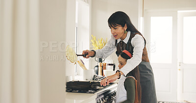 Buy stock photo Cooking, learning or stove with mother and daughter in kitchen of home for bonding or development. Food, pan or teaching with girl child and single parent woman in apartment for recipe instructions