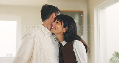 Buy stock photo Real estate, love or couple in house with hug, pride or connection in new home purchase. Romance, mature man or woman in lounge with embrace, fresh start and property investment in happy marriage.