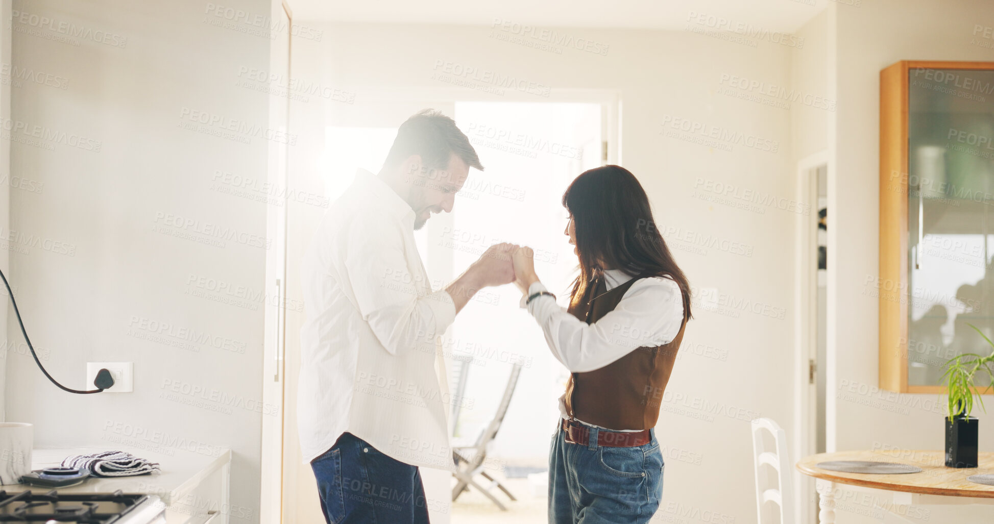 Buy stock photo Happy couple, dancing or romance with music for vibe, weekend or fun romantic holiday in home. Man, woman or dancer with smile, love or bonding for radio, podcast or relationship together in house