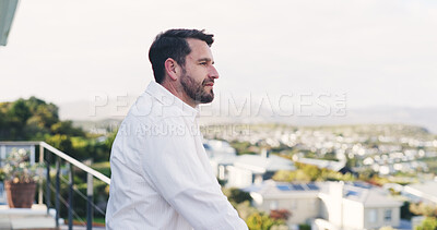 Buy stock photo Thinking, relax or man on balcony with view, memory or fresh air in outdoor environment. Calm, space or mature male person on deck with thoughts, nostalgia or reflection with neighborhood scenery.