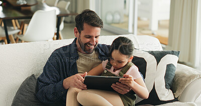 Buy stock photo Bonding, education or tablet with father and daughter on sofa in living room of home for development. App, reading with girl child and single parent man in apartment for online learning games
