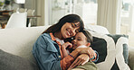 Relax, hug and mother with child on sofa in home with love, support and care in living room. Smile, comfort and mom embracing kid for bonding together at house with connection, happiness or family.