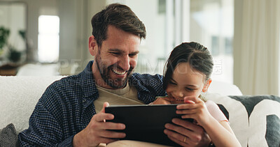 Buy stock photo Tablet, relax and father with child on sofa in home for playing educational video game on app. Happy, digital technology and girl kid with dad for bonding and watching movie in living room at house.