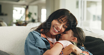 Buy stock photo Smile, hug and mother with child on sofa in home with love, support and care in living room. Happy, comfort and mom embracing kid for bonding together at house with connection, relax or family time.