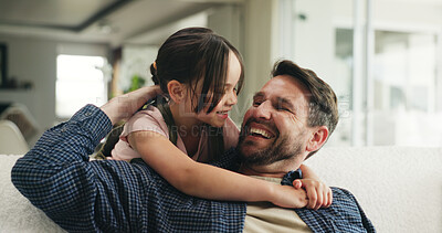 Buy stock photo Happy, hug and father with child on sofa in home with love, support and care in living room. Smile, comfort and kid embracing dad for bonding together at house with connection, relax or family time.