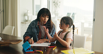 Buy stock photo Homework, counting and mom with girl in home for lesson, learning and assessment for activity. Family, help and mother with child, maths or education for studying or knowledge development in house