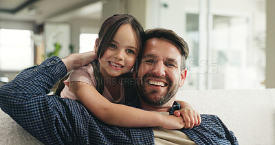 Buy stock photo Portrait, hug and father with child on sofa in home with love, support and care in living room. Happy, comfort and kid embracing dad for bonding together at house with connection, relax or family.