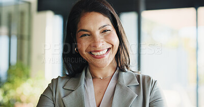 Buy stock photo Portrait, recruitment and happy business woman as hr manager, talent acquisition and about us. Smile, person and confident professional in company, hiring expert and employee in office in Spain