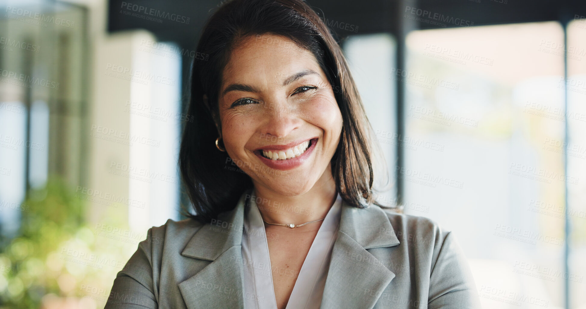Buy stock photo Portrait, recruitment and happy business woman as hr manager, talent acquisition and about us. Smile, person and confident professional in company, hiring expert and employee in office in Spain