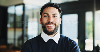 Buy stock photo Portrait, recruitment and business man in office as hr worker, talent acquisition and about us. Smile, person and confident professional employee, hiring expert or consultant with career pride in UAE