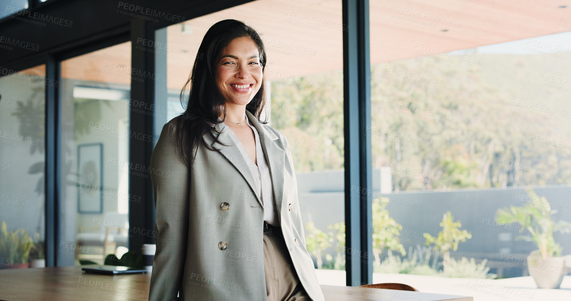 Buy stock photo Portrait, realtor and business woman in office for property management, pride and about us. Smile, person and confident professional employee, real estate agent and consultant with ambition in Spain