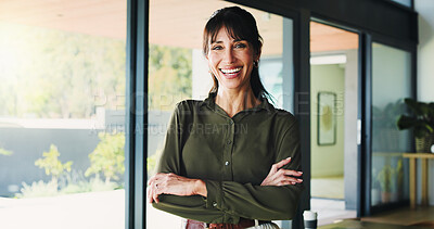Buy stock photo Portrait, realtor and happy business woman in office for property management, pride and about us. Smile, mature person and confident professional, real estate agent and consultant with arms crossed