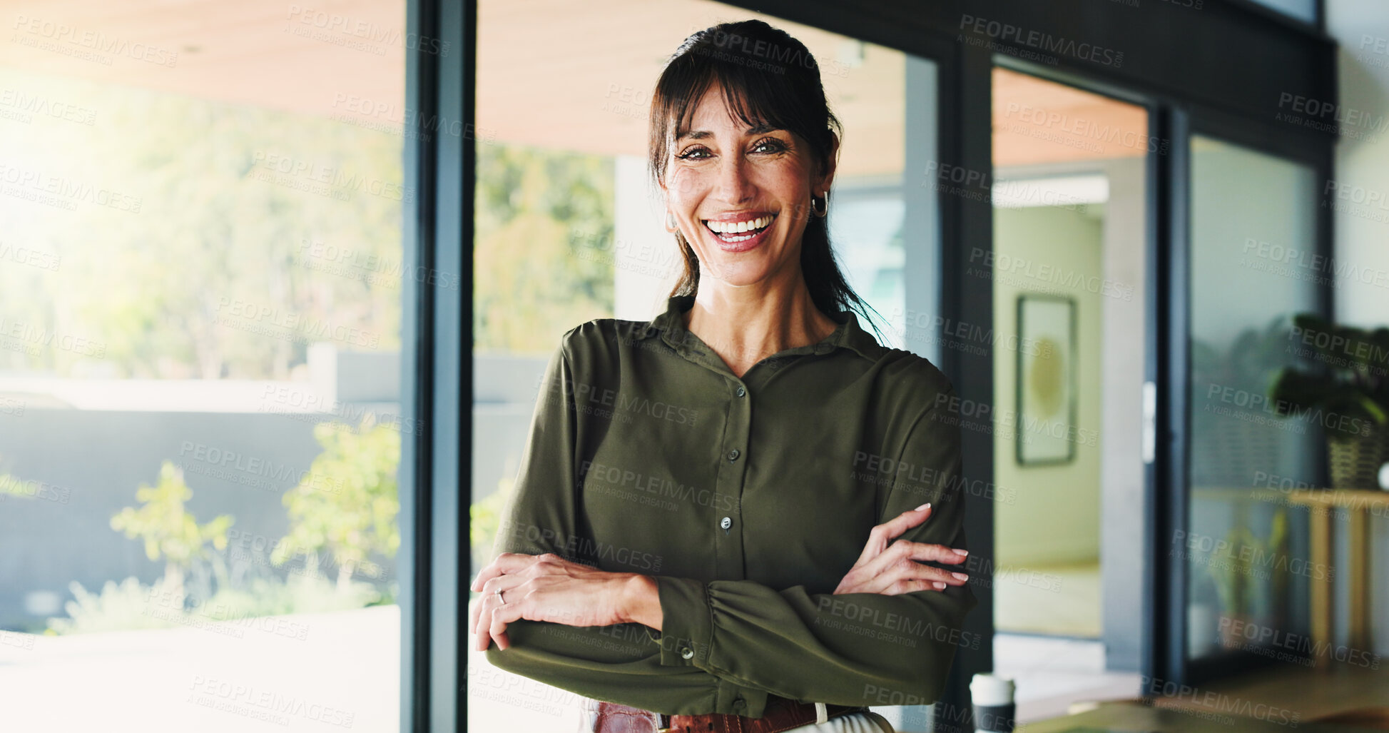 Buy stock photo Portrait, realtor and happy business woman in office for property management, pride and about us. Smile, mature person and confident professional, real estate agent and consultant with arms crossed