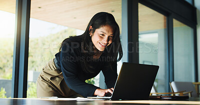 Buy stock photo Laptop, typing and research with business woman in office for real estate broker, property listing and planning. Escrow account closer, realtor proposal and project with person in agency for report