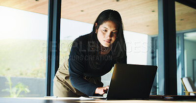 Buy stock photo Laptop, review and research with business woman in office for real estate broker, property listing and planning. Escrow account closer, realtor proposal and project with person in agency for report