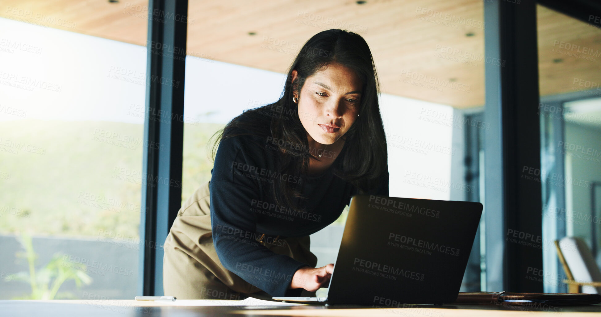 Buy stock photo Laptop, review and research with business woman in office for real estate broker, property listing and planning. Escrow account closer, realtor proposal and project with person in agency for report