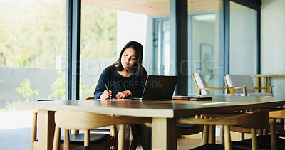 Buy stock photo Laptop, writing and research with business woman in office for real estate broker, property listing and planning. Escrow account closer, realtor proposal and project with person in agency for report