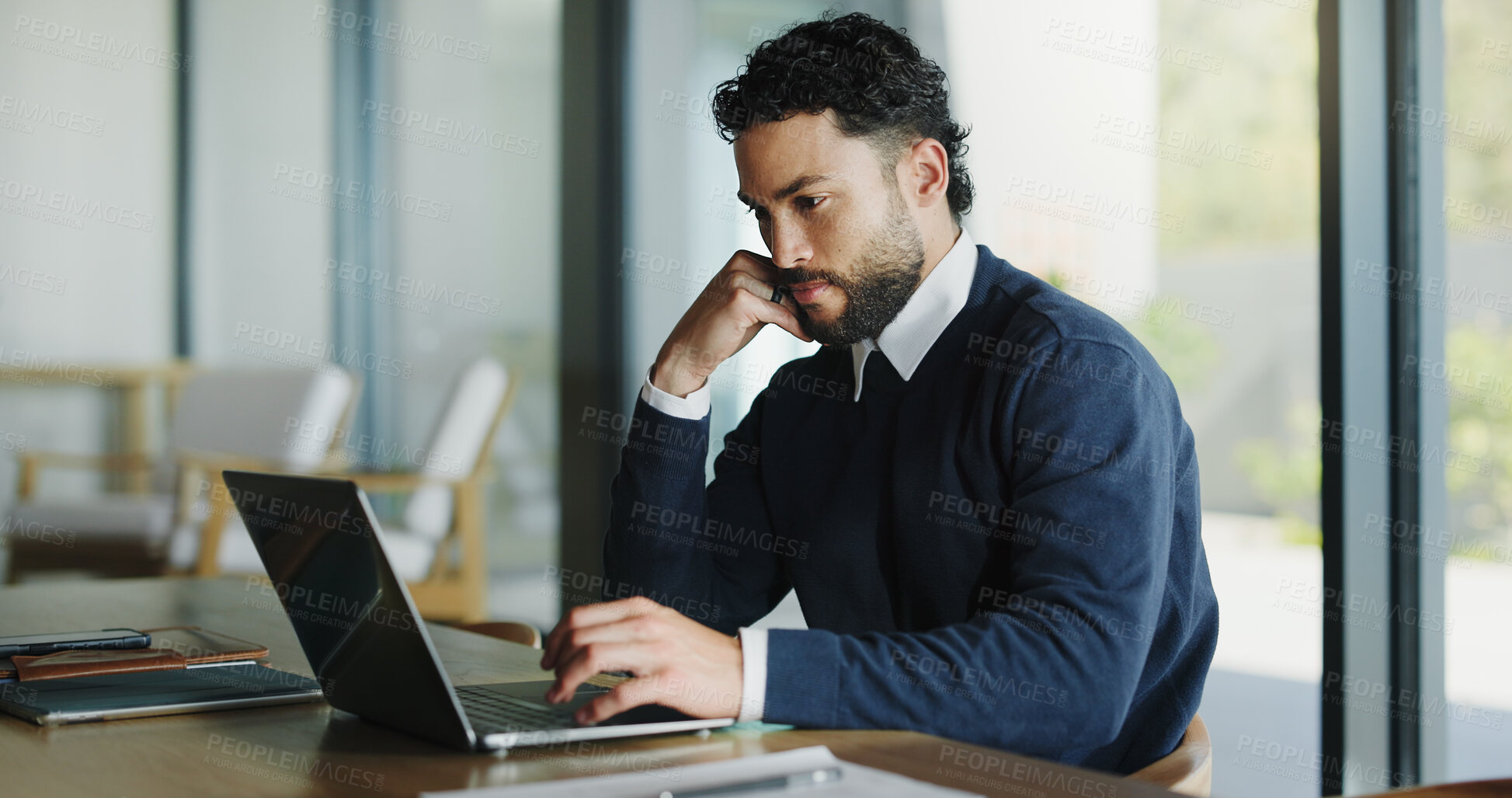 Buy stock photo Laptop, thinking and research with business man in office for real estate broker, property listing and vision. Escrow account closer, realtor proposal and reflection with person in agency for report