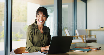 Buy stock photo Happy woman, portrait and business planner with laptop, company helpdesk or appointment service. Mature person, coordinator or project manager with smile in office for schedule planning in workplace