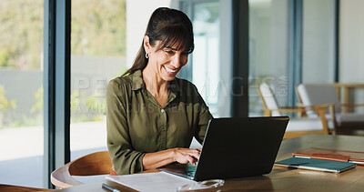 Buy stock photo Remote work, woman and happy with laptop in home for editing manuscript, blog approval or feedback. Freelancer, editor and smile with tech for submission review, fact checking or publication accuracy