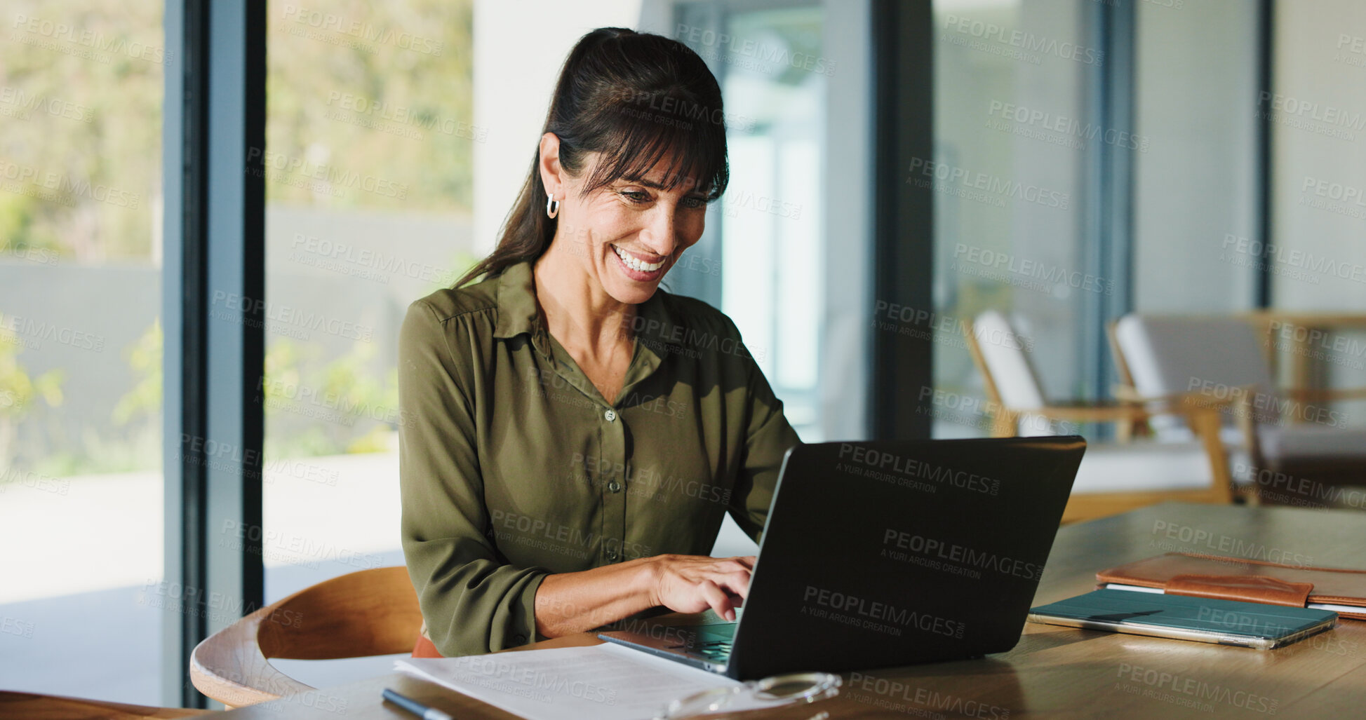 Buy stock photo Remote work, woman and happy with laptop in home for editing manuscript, blog approval or feedback. Freelancer, editor and smile with tech for submission review, fact checking or publication accuracy