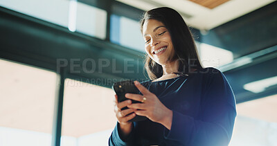 Buy stock photo Below, business and woman with smartphone, smile and media agency with positive review. Person, low angle and journalist in office, cellphone and connection with internet, online publication or app