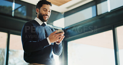 Buy stock photo Below, business and man with cellphone, smile and media agency with editor feedback. Low angle, happy person or journalist with smartphone, creativity or review article with publication information