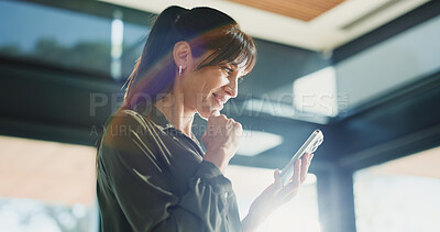 Buy stock photo Below, business and woman with smartphone, thinking and media agency with positive review. Mature person, low angle and journalist with cellphone, ideas and planning with internet, online publication