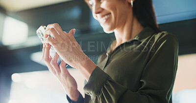 Buy stock photo Hands, phone and businesswoman in office with networking, communication or email on mobile app. Technology, research and female person with cellphone for texting, contact or chatting in workplace.