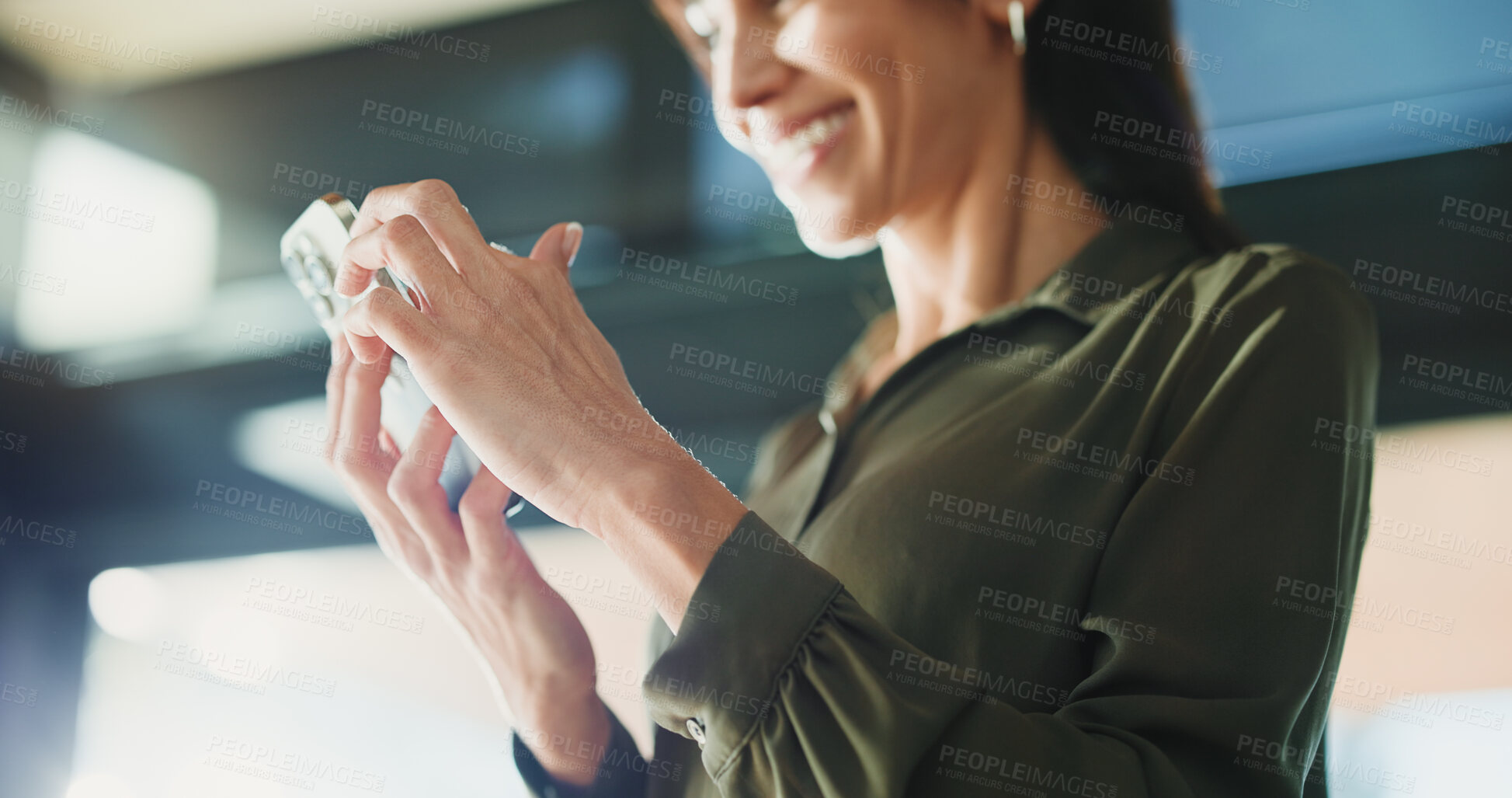 Buy stock photo Hands, phone and businesswoman in office with networking, communication or email on mobile app. Technology, research and female person with cellphone for texting, contact or chatting in workplace.