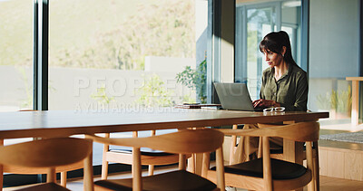 Buy stock photo Research, woman and typing with laptop in home for article draft, blog publication or editor feedback. Freelancer, journalist and tech for fact checking, upload submission or writing story with space