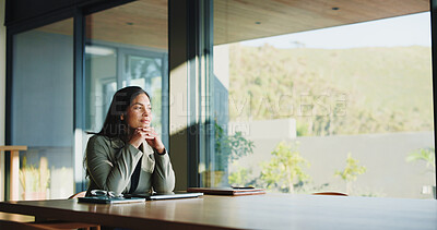 Buy stock photo Thinking, ideas and businesswoman in office for planning finance review with company budget. Brainstorming, professional and financial manager with problem solving for career development in workplace