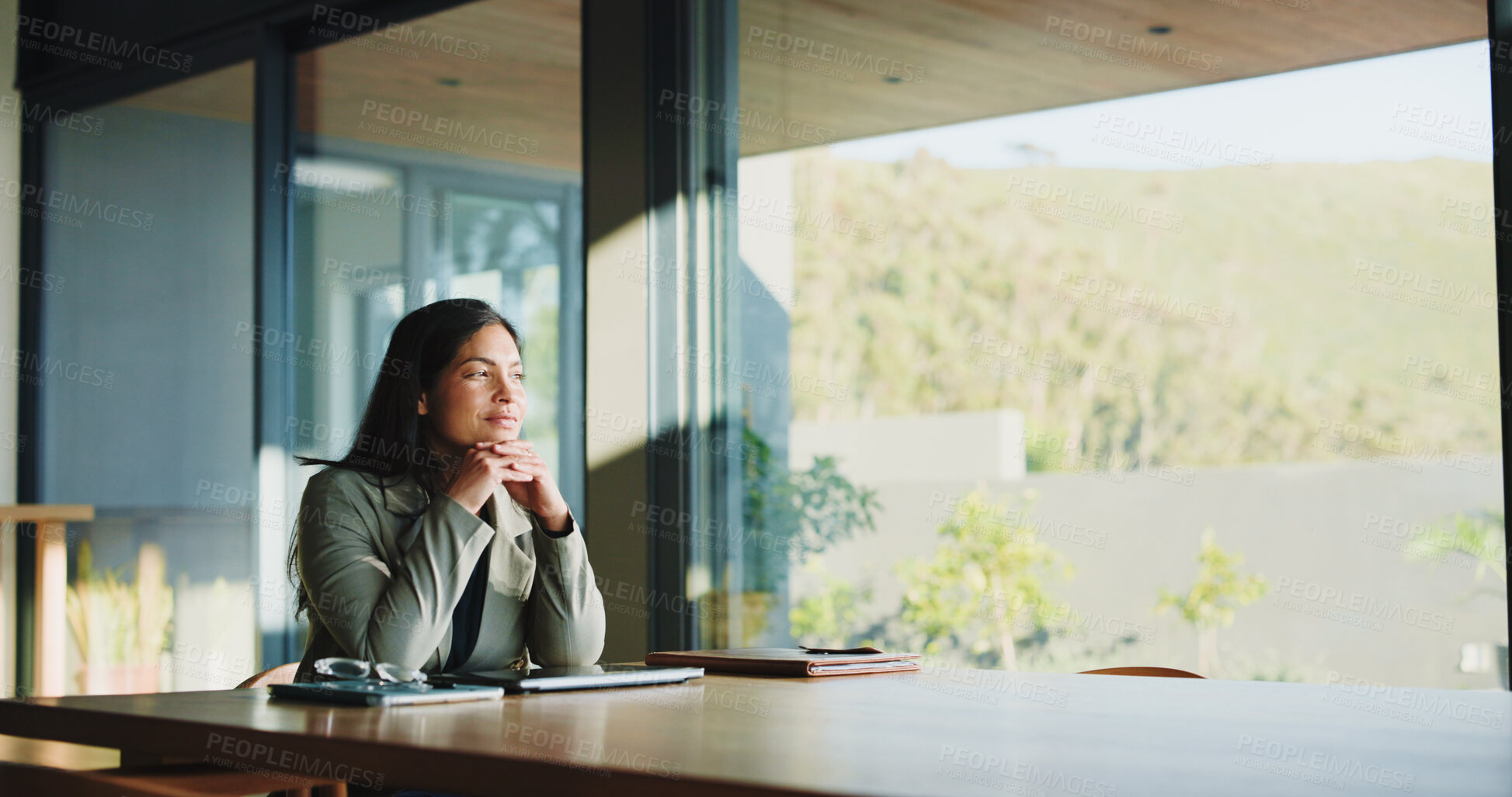 Buy stock photo Thinking, ideas and businesswoman in office for planning finance review with company budget. Brainstorming, professional and financial manager with problem solving for career development in workplace