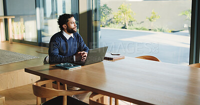 Buy stock photo Laptop, research and vision with business man in office for legal report, witness testimonial and thinking. Court case planning, attorney records and tech with person in law firm for reflection