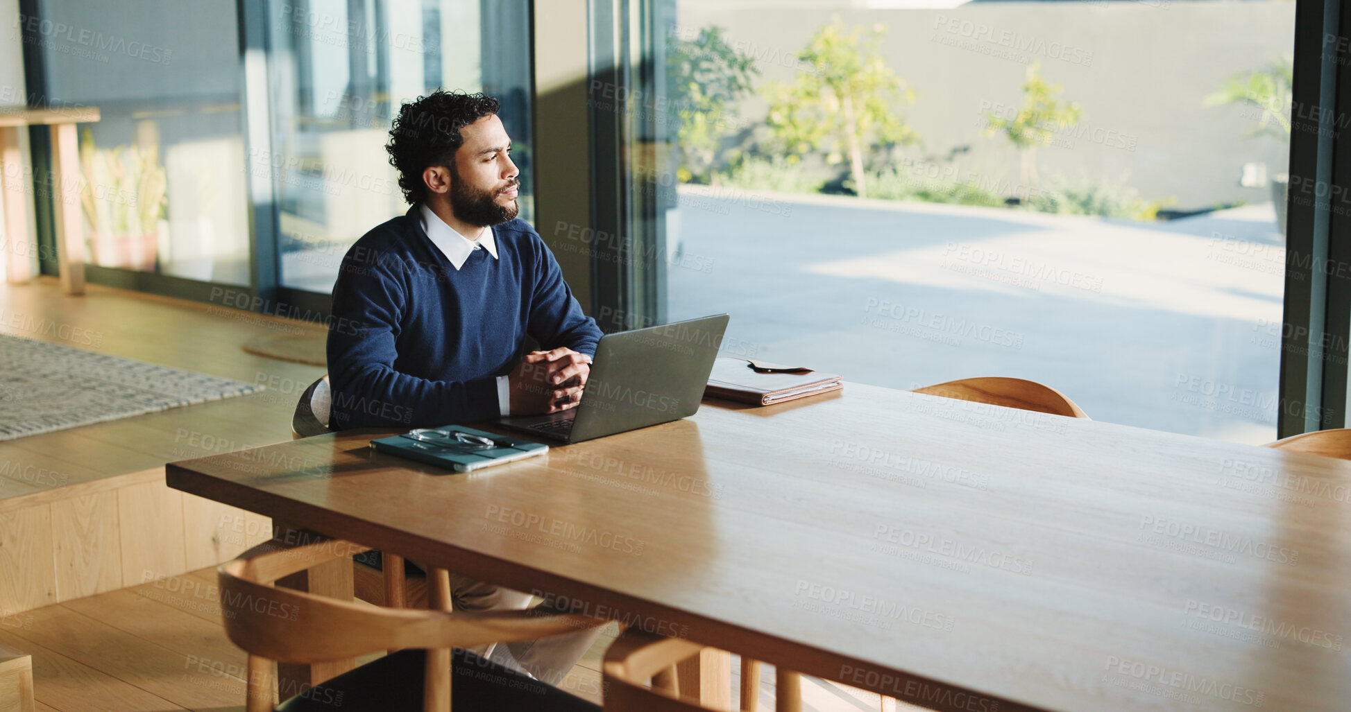 Buy stock photo Laptop, research and vision with business man in office for legal report, witness testimonial and thinking. Court case planning, attorney records and tech with person in law firm for reflection