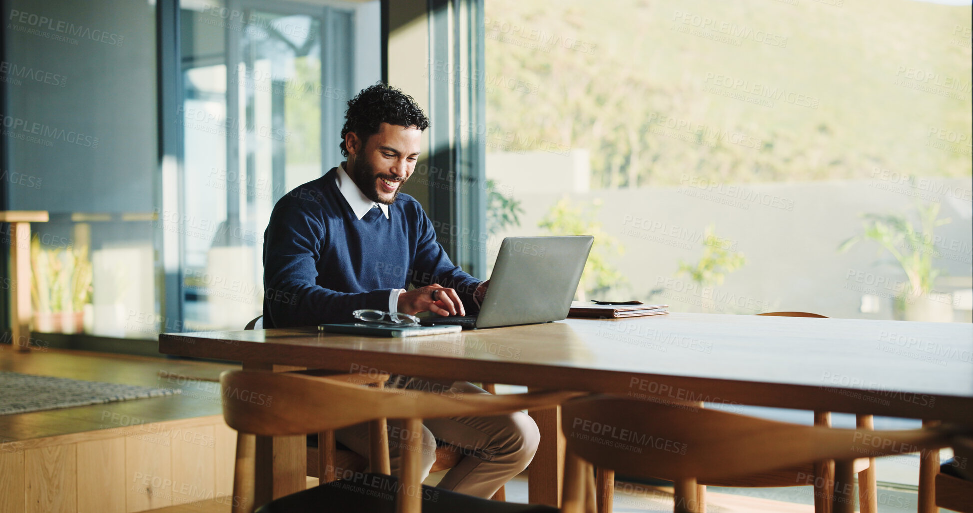 Buy stock photo Laptop, research and smile with business man in office for legal report, witness testimonial and reading. Court case planning, attorney records and tech with person in law firm for lawyer schedule