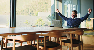 Buy stock photo Excited, businessman and winning with laptop, good news or accomplishment for promotion in office. Happy man, fist pump or smile with celebration or computer for bonus salary or business success