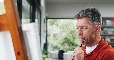 Buy stock photo Home, painter and man with canvas, thinking and inspiration with deadline, creativity and brush. Artist, contemplation and mature person with hobby, tools and design process for project and ideas