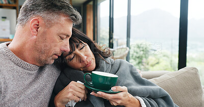 Buy stock photo Sick, tea and support with couple on sofa of home for disease healing, kindness or help. Influenza recovery, herbal drink and resting with man and woman in living room of apartment for care and trust