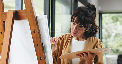 Buy stock photo Woman, painting canvas and art with color palette for drawing or creative sketching in home. Female person, artistic or painter with brush, easel or frame for artwork, creativity or talent in house