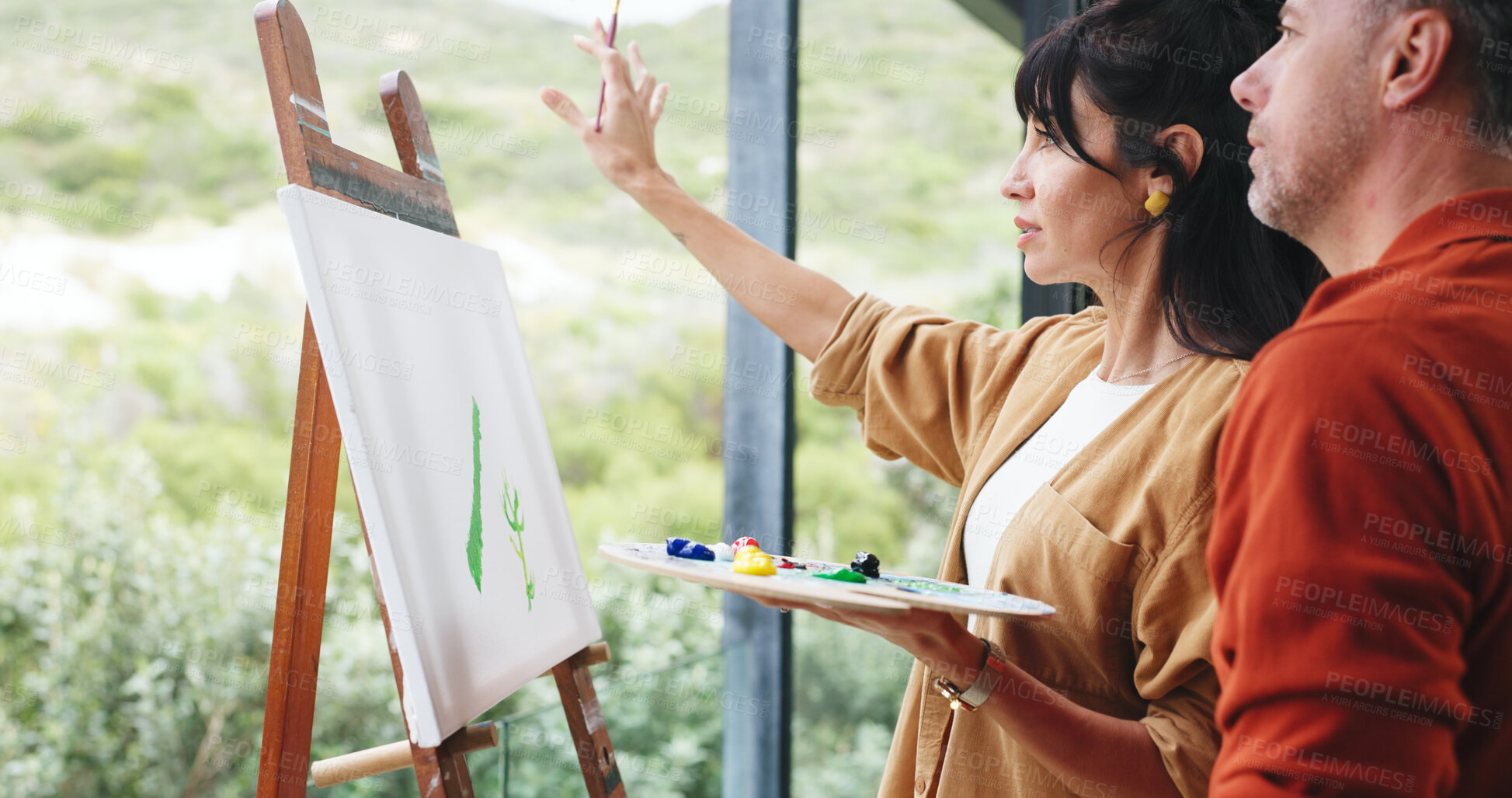 Buy stock photo Painting, teaching and art with people in home for design reference, artist project and learning. Illustration inspiration, gallery artwork and canvas with mature man and woman in studio for hobby