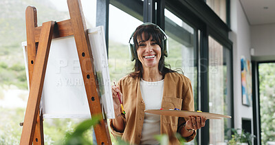 Buy stock photo Painting, music and portrait of woman in studio for artwork project, streaming and sketching. Talent, creative drawing and headphones with person in workshop for gallery art, designer and radio